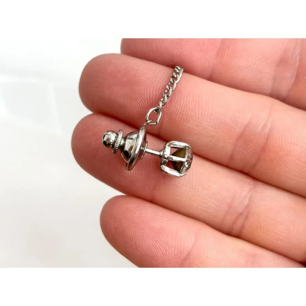 Faux CZ Gemstone Minimalist Silver Toned Vintage Men's Tie Tack